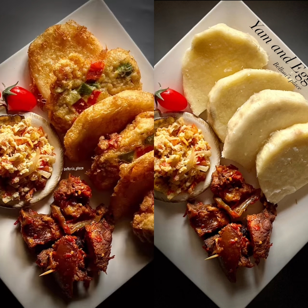 Plates containing yam with fried eggs and yamarita with fried eggs